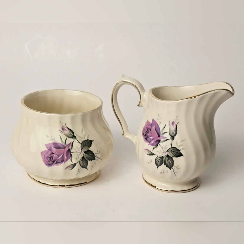Sadler England Vintage Creamer Sugar Bowl Purple Rose Gold Trim China Set